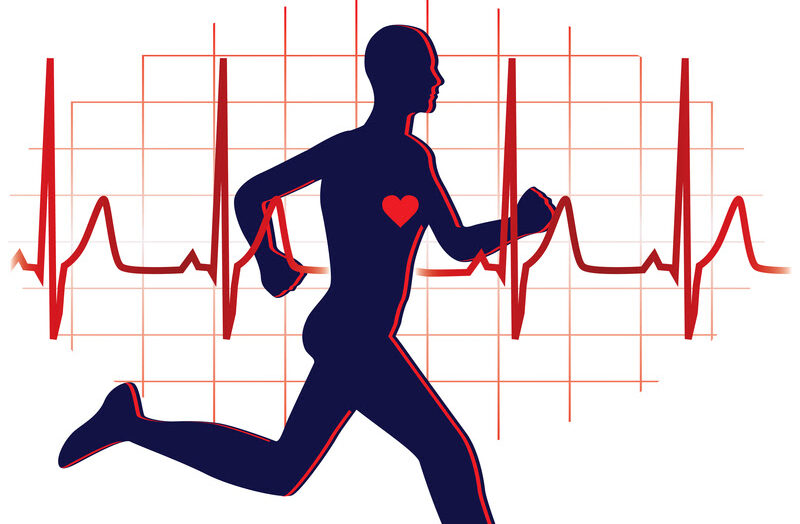 Silhouette of runner with red heart and ECG/ECG background